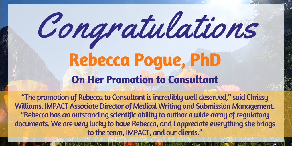 #Congratulations to Rebecca Pogue on her #promotion to Consultant! We truly appreciate everything she brings to our team! :D bit.ly/2G9uT3D #medicalwriting