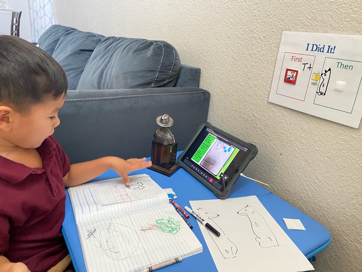 KEsparza_CI's tweet photo. First/Then visuals are a great way to keep your little one in task. This student is using this visual for working on the “T”. Once he is done, his reward is to play with his dog. His parents have done a great job implementing visuals at home! #TeamSISD #visualsathome #EPCMoose https://t.co/JZAoViZmtd