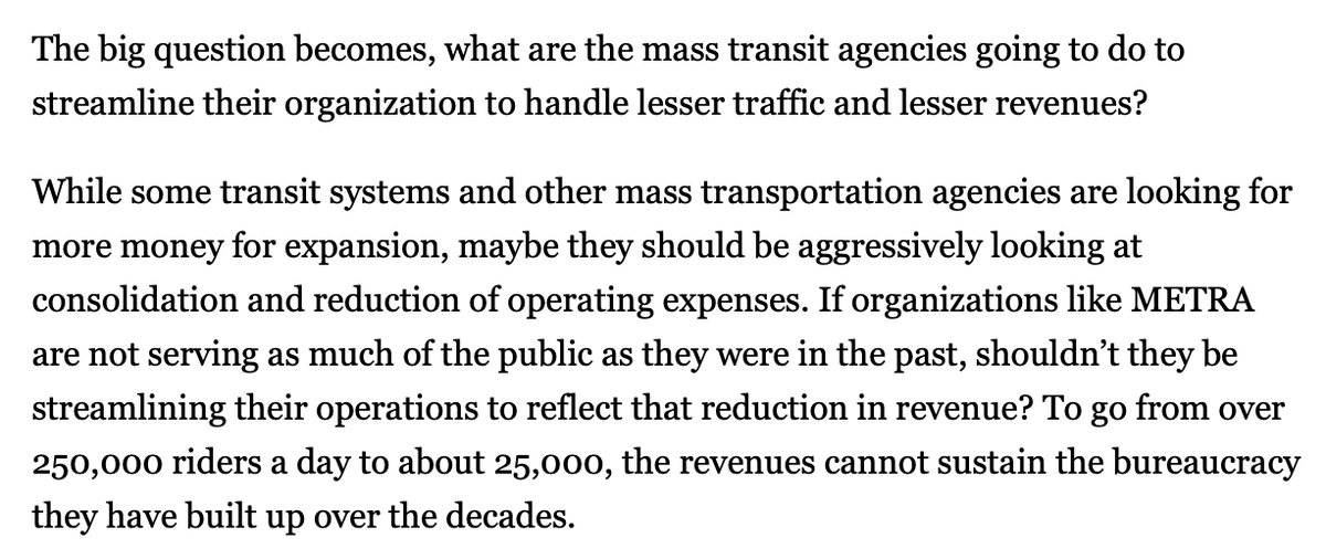 So what's the expert prescription on what Metra should do, from this guy who doesn't even know how to punctuate Metra, in response to the inevitable temporary ridership losses because white-collar workers currently aren't commuting? Gut the Metra system.