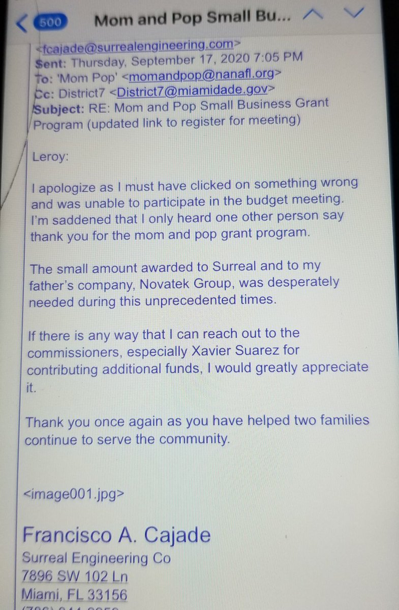 XavierLSuarez1's tweet photo. Because of #Covid, applications for mom & pop grants more than doubled this year. My office contributed an additional $13k to ensure that all applicants received $1500. Special thx to Surreal Engineering for being vital part of our community. #smallbusinessowners #budgetpriority https://t.co/bQAP8wu3m1