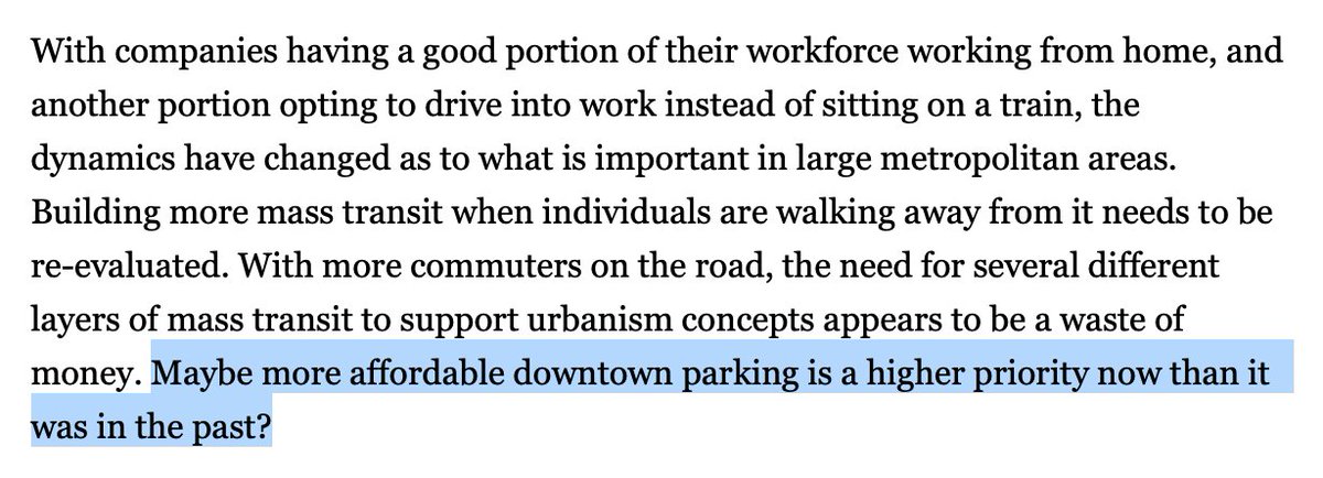 So other than slashing transit service, what constructive advice does this forward-thinking gentleman have for addressing current pandemic transportation challenges? Build more downtown parking garages and make them cheaper. 