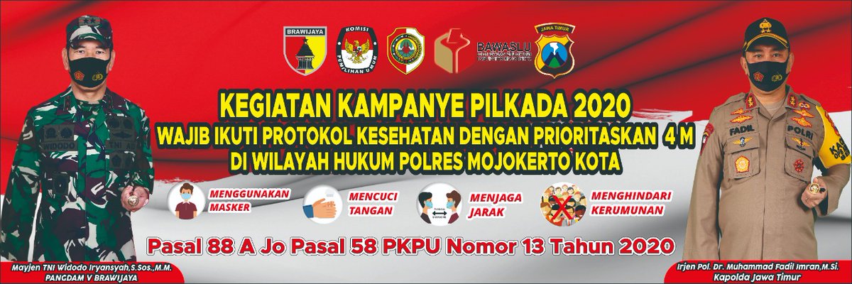 CKhusaeni's tweet photo. Himbauan Kapolres Mojokerto Kota, Kegiatan Kampanye Pilkada 2020 wajib ikuti protokol kesehatan dengan memprioritaskan 4M, pasal 88A jo pasal 58 PKPU 13 tahun 2020
#polresmojokertokota
#polisijatim
#pilkadamojokerto
#kabmojokerto https://t.co/jC6ywhihPy