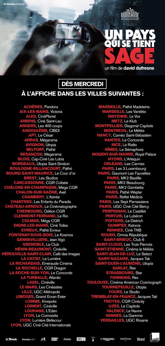 allo @Interieur_Gouv - c'est pour une sortie nationale #UnPaysQuiSeTientSage à l'affiche dans 90 salles, ce mercredi Un film soutenu par la @Quinzaine des Réalisateurs Cannes 2020 et sélectionné par @TheNYFF