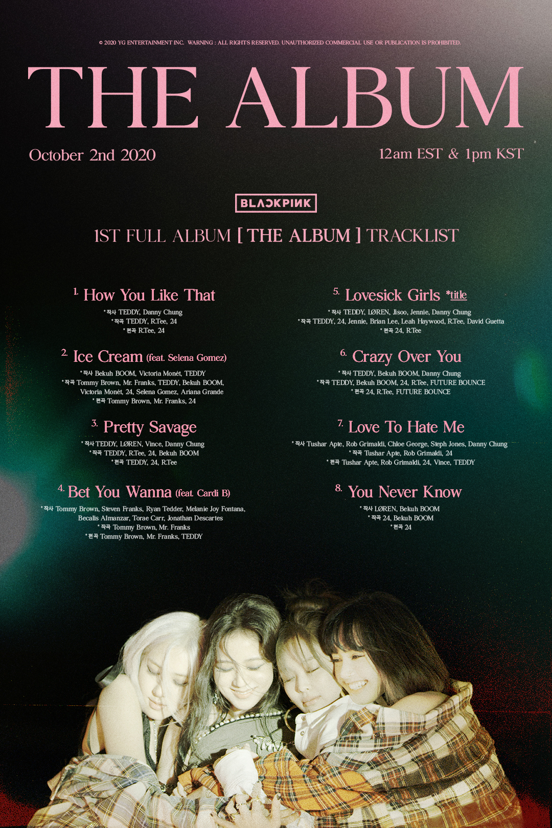 BLACKPINKOFFICIAL on X: 'THE ALBUM' TRACKLIST POSTER #BLACKPINK #블랙핑크  #1stFULLALBUM #THEALBUM #Tracklist #TITLE #LovesickGirls #HowYouLikeThat  #IceCream #PrettySavage #BetYouWanna #CrazyOverYou #LoveToHateMe  #YouNeverKnow #20201002_12amEST