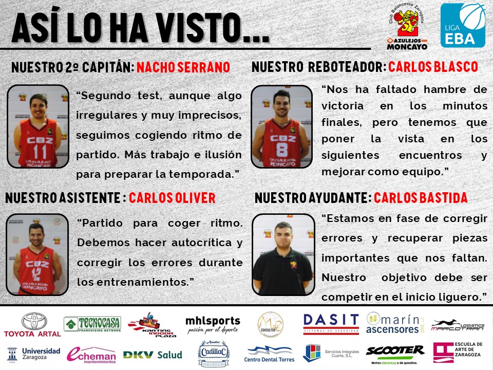 cbzaragoza's tweet photo. 📰🎙️ ASÍ LO HA VISTO...🎙️📰

Declaraciones de algunos de los protagonistas de nuestro equipo de #LigaEBA @AzulejosMoncayo #CBZ tras su segundo encuentro de pretemporada contra EM El Olivar.

#familiaCBZ #pasiónporelbasket https://t.co/trO7JC6bmC