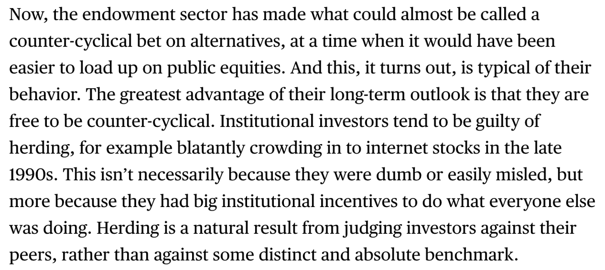 Good summary from  @johnauthers on the measurable benefit of long-term thinking by US endowments  https://www.bloomberg.com/opinion/articles/2020-09-28/endowments-hedge-fund-bet-has-long-term-advantage One paragraph jumped out 1/x