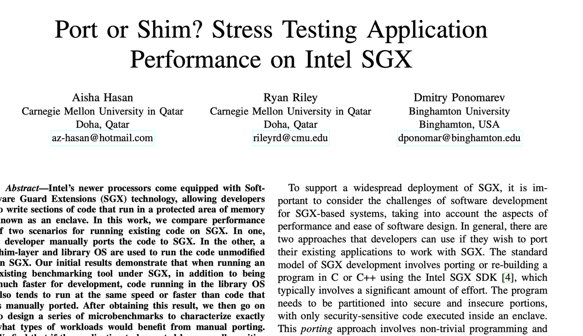 diponomarev's tweet photo. Is it worthwhile to manually port applications to run under Intel SGX for high performance, or existing shimming approaches are sufficient? Our new paper, to appear in IISWC'20 (@IiswcO), answers this question. Pre-print is available at: https://t.co/TxcfkwzLT5 https://t.co/sgivi7IgQW