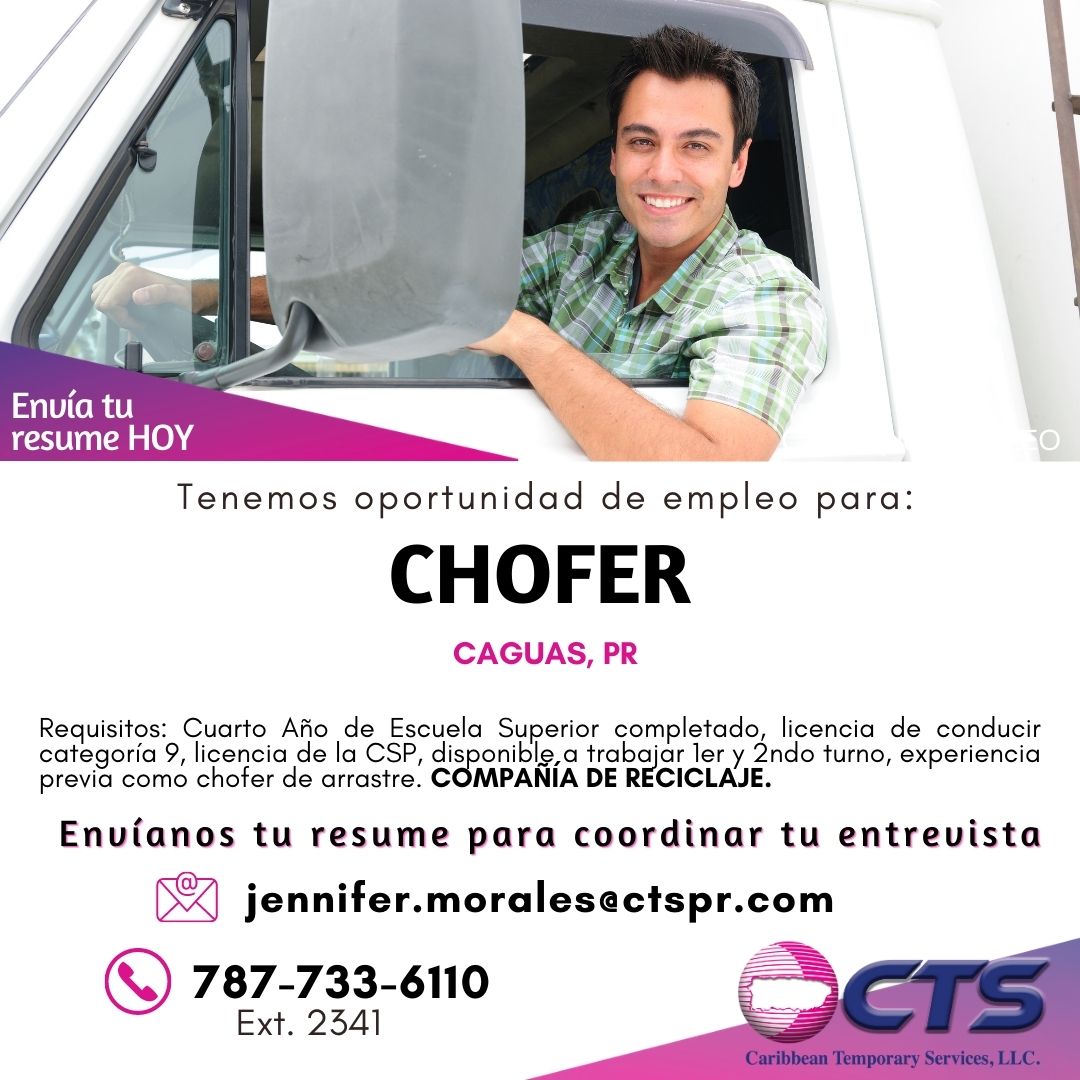 CTSPR on Twitter: "Tenemos oportunidad de empleo para: 👉CHOFER 📞 787-733-6110 📧 jennifer.morales@ctspr.com #CTSempleos #trabajopr #empleospr #trabajo #puertorico EEO https://t.co/xzBHcuqGGe" / Twitter