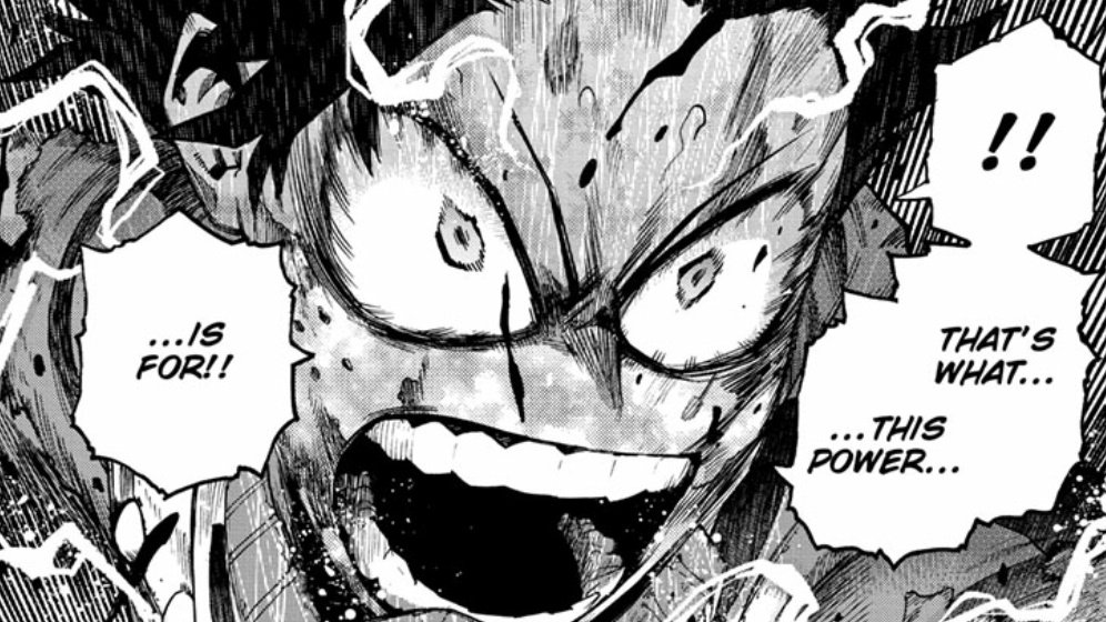 So these chilling panels are a mix of both OFA being a blessing and a curse, Deku looks TERRIFYING here, breaking himself, filled with rage, covered in blood and declaring that his power is made for stopping AFO.