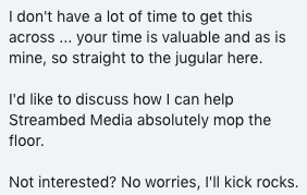 Jennasis's tweet photo. I'm sure I'm not the only one that receives an *absurd* amount of unsolicited "increase lead gen" or "outsource development" connection requests on @linkedin. they usually suck, but this one deserved a response. #coldleads https://t.co/SUenBAeNBC