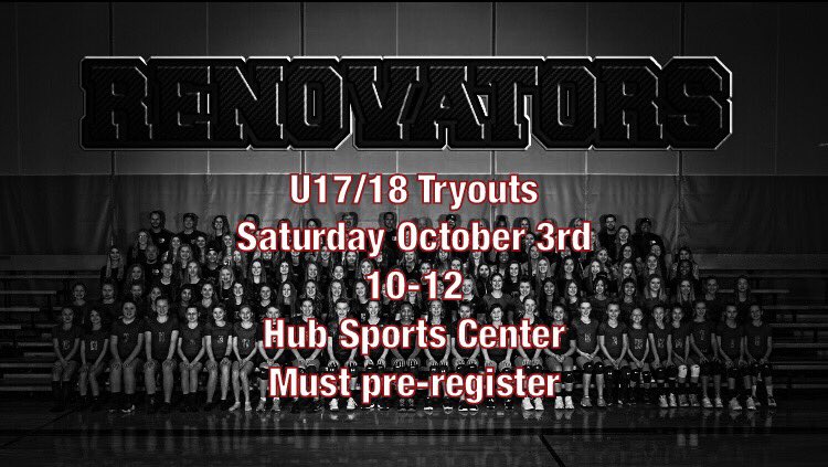 We’re looking to fill a U17/18 team or another team in each age group. We have highly skilled coaches with college coaching, college playing and high school coaching experience. Tryouts are Saturday at the Hub from 10-12. Must pre-register. 
renovatorsvolleyball.sportngin.com/register/form/…