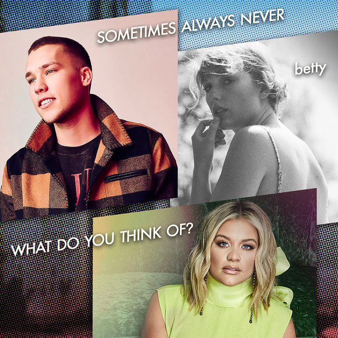 RDCountry's tweet photo. Sing along to these jams now playing on Radio Disney Country! πΆ
#SometimesAlwaysNever by @BrandonRatcliff
#betty by @TaylorSwift13
#WhatDoYouThinkOf? by @Lauren_Alaina & @LukasGraham https://t.co/1SOFqik2dq