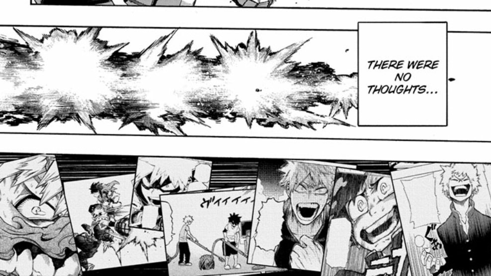 Flashes of moments must've filled Bkg's mind when he went rushing in, thoughts about what being a hero used to mean to him, his new path to becoming a hero, his guilt and failures, and the moment when his eyes screamed for help and Deku saved him.