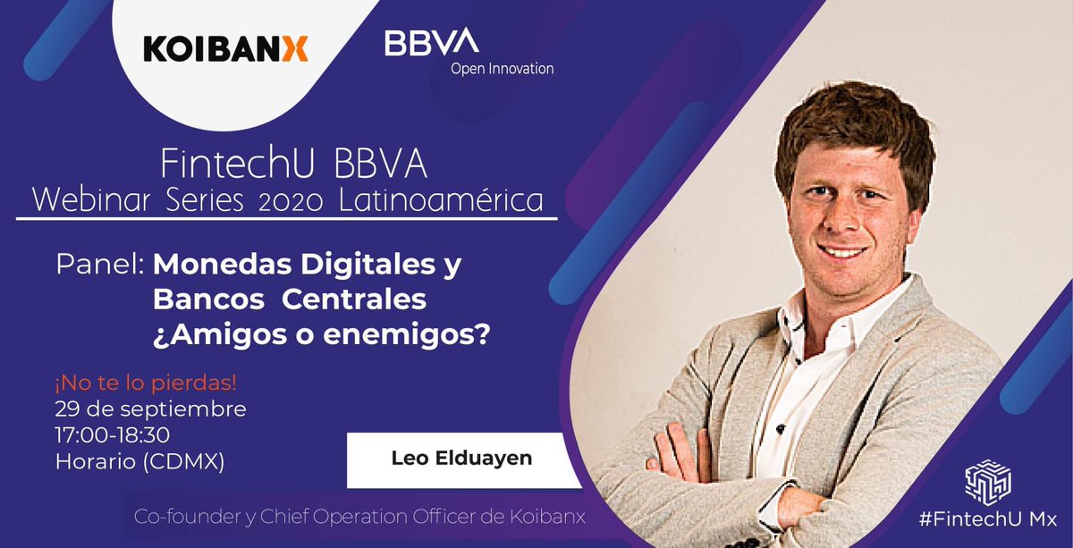 koibanx's tweet photo. MAÑANA #CRIPTOMONEDAS Y BANCOS: ¿COLABORACIÓN O COMPETENCIA? 

@leoelduayen, co-founder de #Koibanx, te invita a acompañarlo en su panel de #FintechU BBVA Webinar Series 2020 LATAM, el 29/09 a las 17 hs horario CDMX. 

¡Aún estás a tiempo de inscribirte! https://t.co/LikgLFGlsV https://t.co/mOknGrnPPH