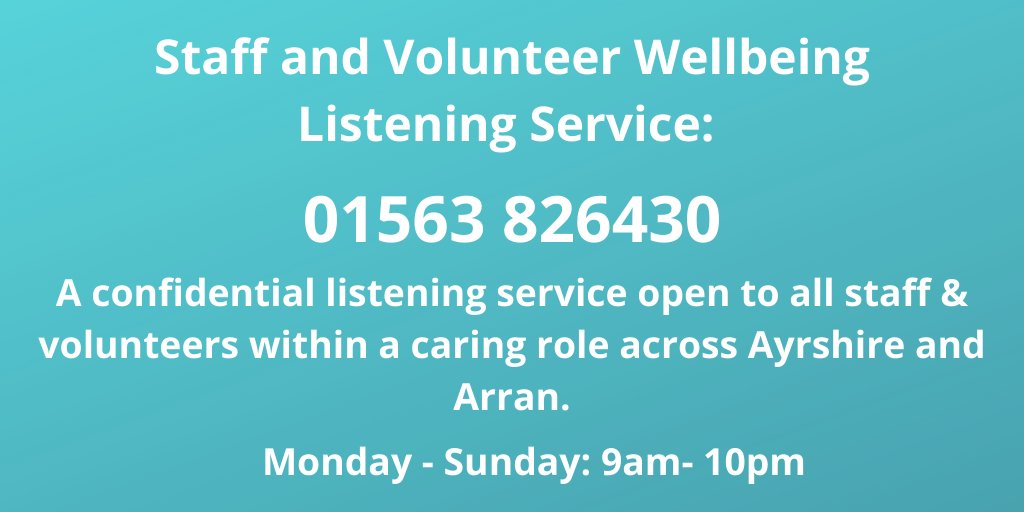 NHSaaa's tweet photo. Do you work/volunteer in a care home, residential unit, hospital/community setting across Ayrshire &amp; Arran?

Have you experienced an impact on #wellbeing over past months?

Give the #listening service a call.  We offer a listening ear &amp; a chance to talk.

#ItsOkayToNotBeOkay https://t.co/liwdGC8MRj