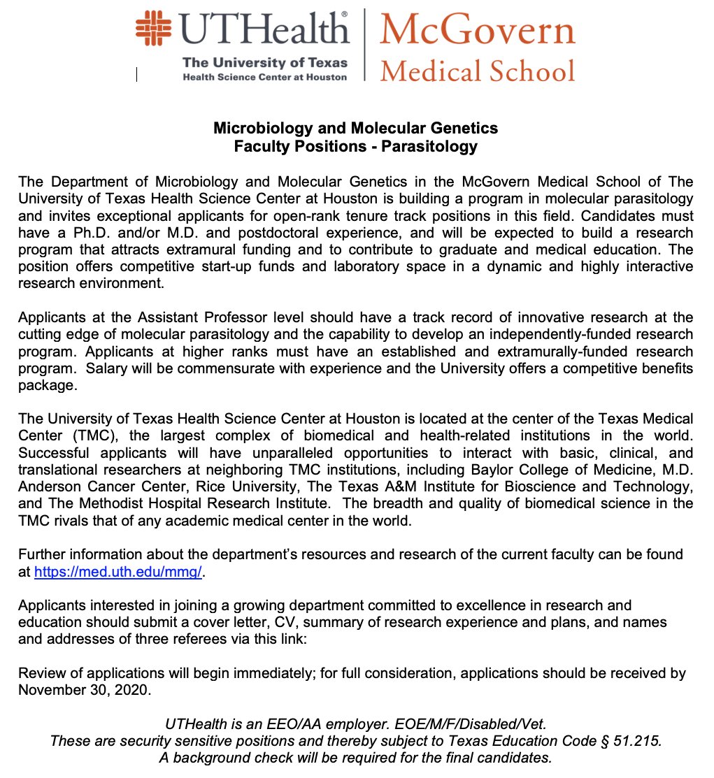 <a href="/Ziyin_Li_Lab/">Ziyin Li Lab</a> would like you to know that there is an open-rank faculty search looking for a parasitologist at the University of Texas Health Science Center in Houston. Ask him for further detail.