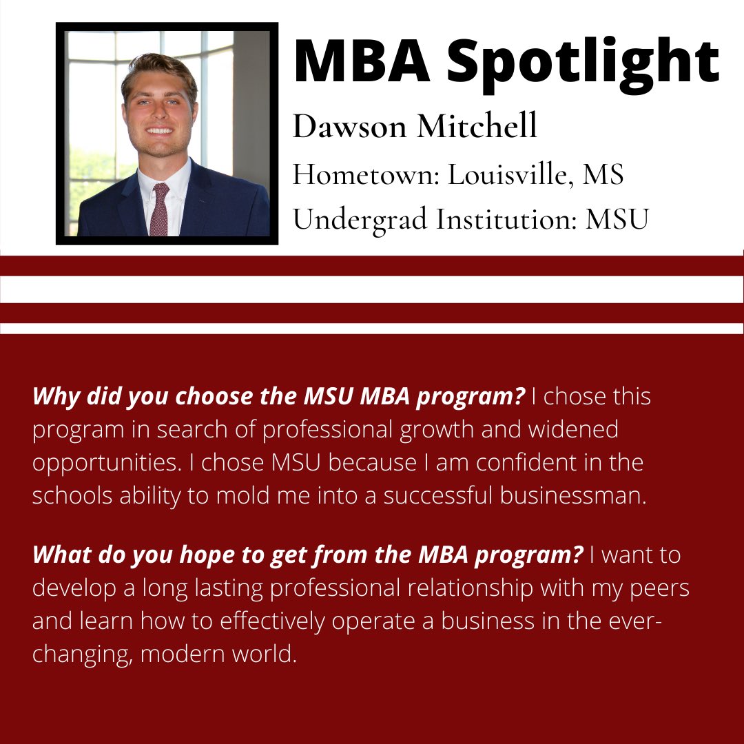 MSStateMBA's tweet image. Here’s to a new week! Meet Dawson Mitchell, our next student spotlight! Dawson is a Louisville, MS native who graduated with a degree in Agricultural Information Science. Check out why he chose to pursue an MBA!! #msstatemba