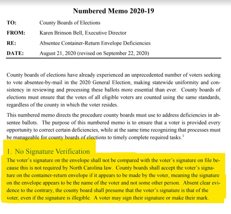 This is from the NCBOE memo that went to counties.This just seems nuts.They won't compare signatures. It's just "Does the name match?"That's it. #NCpol