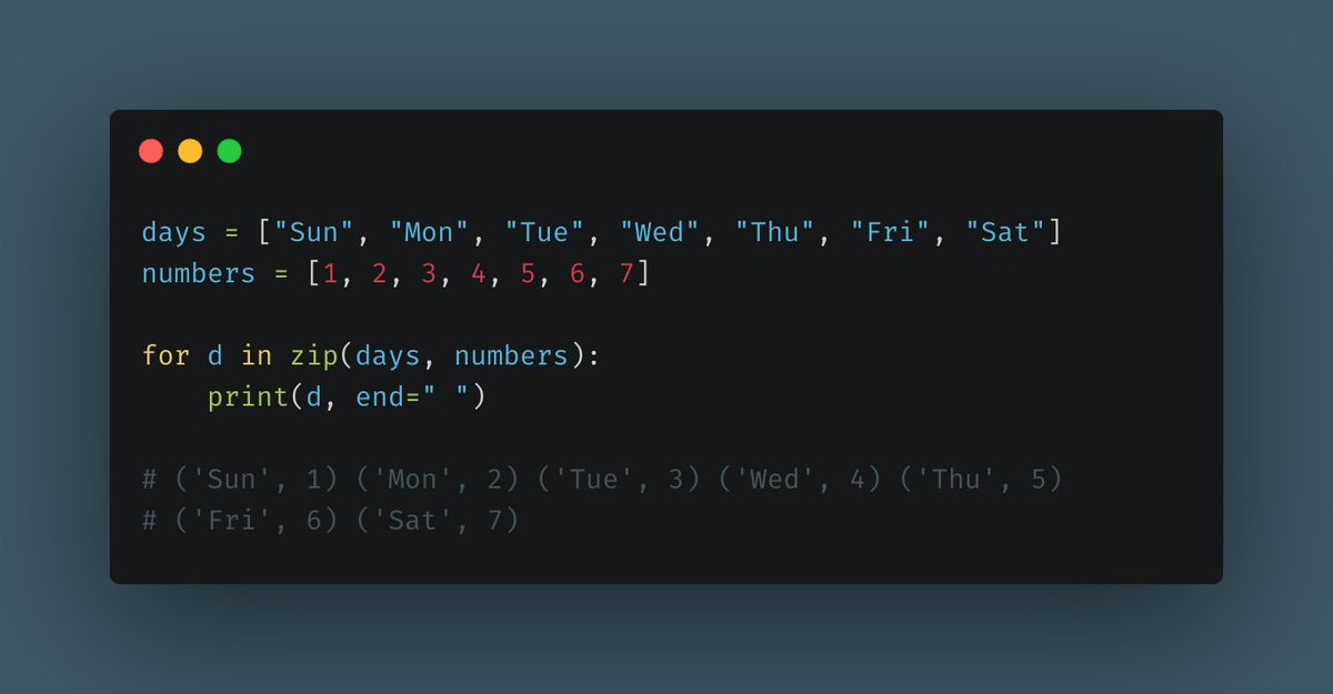 Aggregating elements from multiple sequences.Whenever you have multiple sequences and you want to loop through them in parallel, you can use zip() to aggregate them together.Once you get the hang out of this one, you'll use it all the time.