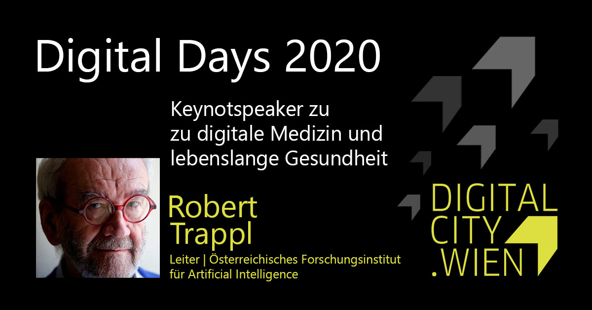 DigitalCityWien's tweet image. Robert Trappl ist Prof. für Medizinische Kybernetik und AI der @MedUni_Wien und Leiter des Austrian Research Institute for Artificial Intelligence. In seiner Keynote bei den #DIDAYS20 spricht er darüber, was soziale Maschinen können müssen. #digitalhealth #robotcare #ai #pflege