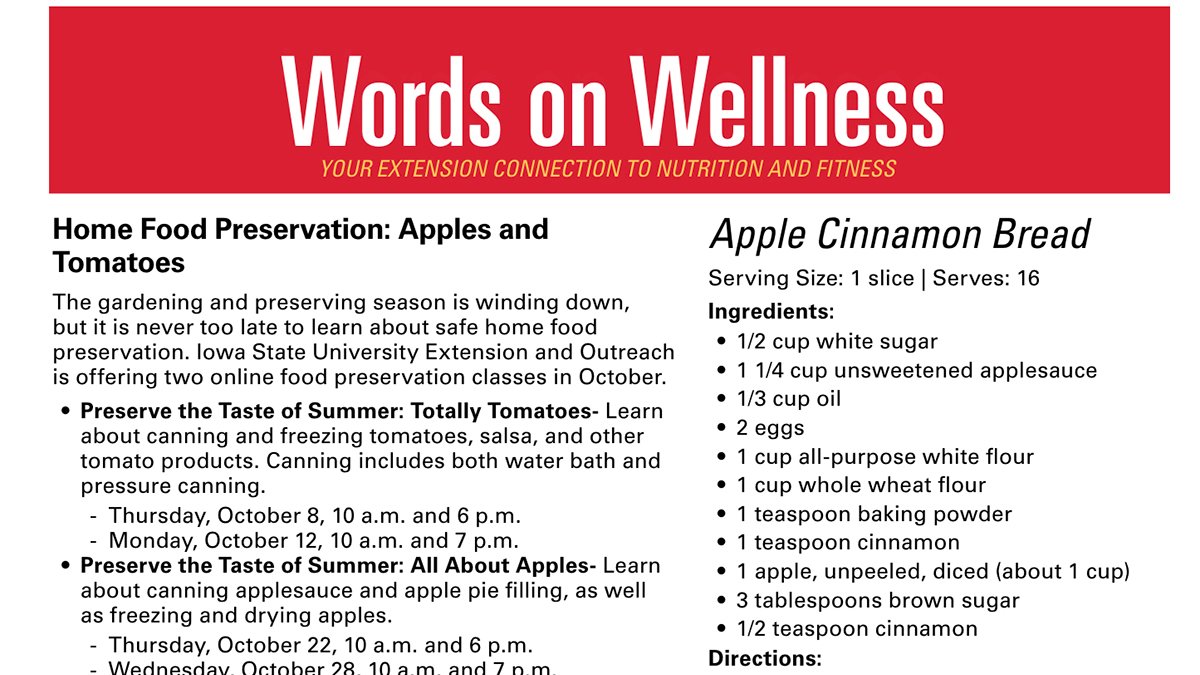 BlackHawkExt's tweet photo. Words on Wellness October Newsletter!

• How to participate in our free on line food preservation classes, All About Apples and Totally Tomatoes

• Apple Cinnamon Bread

• nformation on hiking

• Tips on Meal planning
https://t.co/VXpXK6GuuK https://t.co/RuT773c1YN