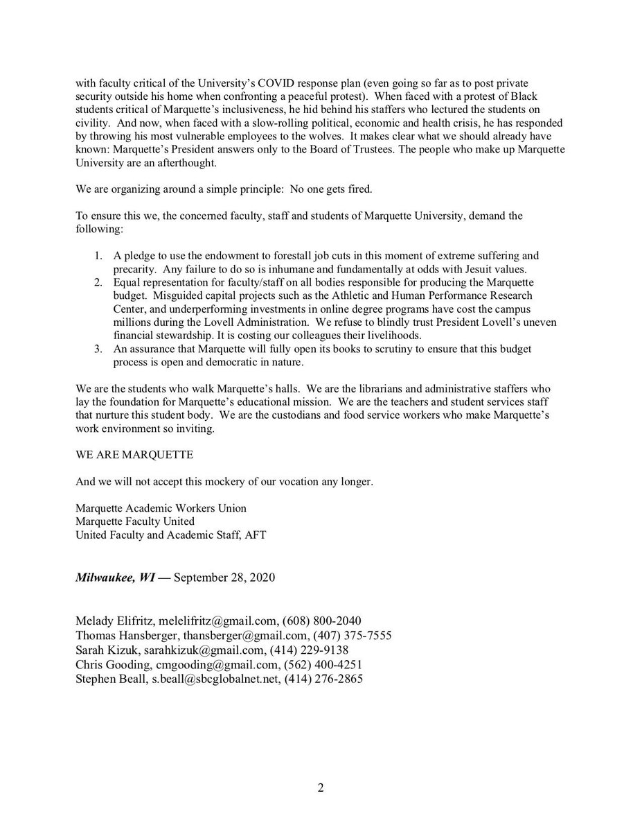 MarquetteUnion's tweet image. The Marquette Academic Workers Union and Marquette Faculty United will be jointly hosting a press conference on Wednesday, September 30 at 1pm at Zilber Hall regarding the proposed upcoming budget cuts at Marquette University. All are welcome!