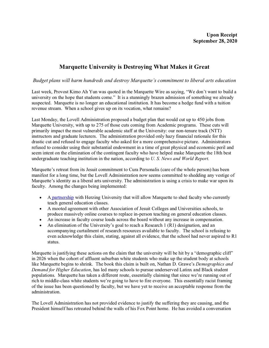 MarquetteUnion's tweet image. The Marquette Academic Workers Union and Marquette Faculty United will be jointly hosting a press conference on Wednesday, September 30 at 1pm at Zilber Hall regarding the proposed upcoming budget cuts at Marquette University. All are welcome!