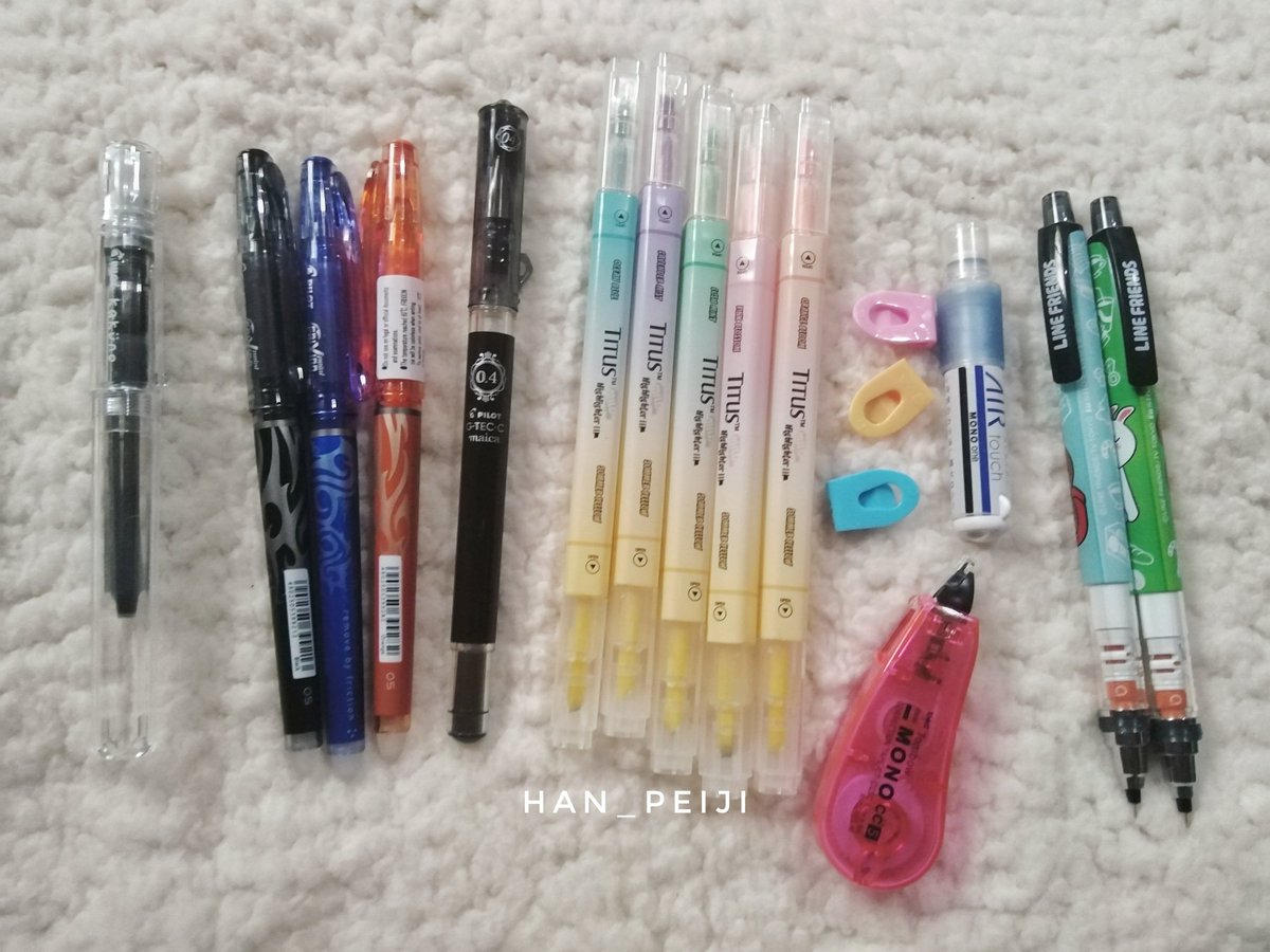 Current favorite tools:-Pilot Kakuno fountain pen F nib + Pilot black ink-Pilot Frixion Point 0.5-Pilot G-tec Maica 0.4-Titus pastel highlighters-Narita document push clips-Tombow Mono correction tape-Tombow Air eraser-Uni Kuru Toga mechanical pencils 0.5