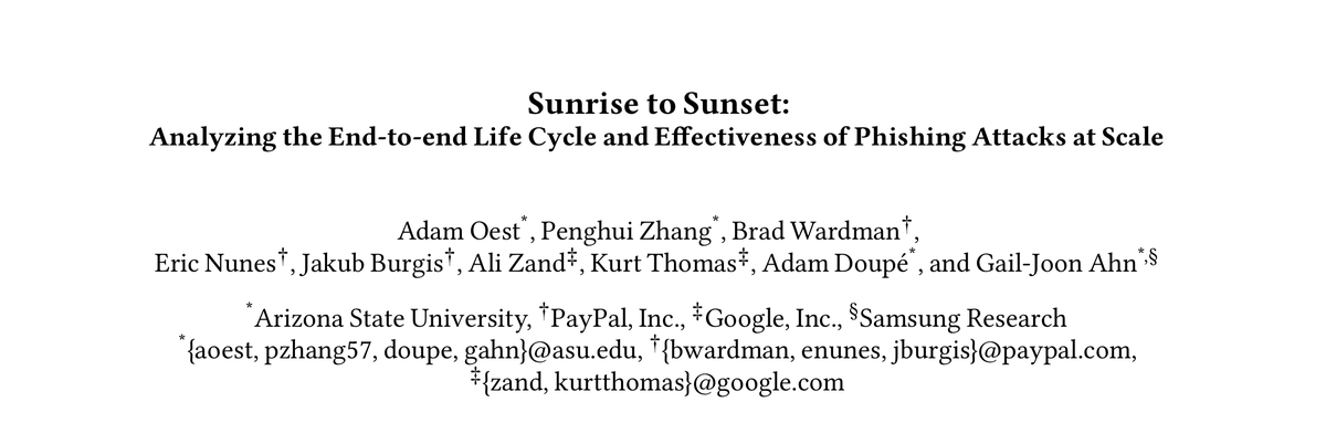 Now <a href="/OestAdam/">Adam Oest</a>'s second <a href="/USENIXSecurity/">USENIX Security</a> paper

"Sunrise to Sunset: Analyzing the End-to-end Life Cycle and Effectiveness of Phishing Attacks at Scale"

w/ co-authors <a href="/FREQ_Zhang/">Penghui Zhang</a>, <a href="/eric_nunes18/">Eric Nunes</a>, <a href="/azand/">Ali Zand علی زند</a>, and <a href="/inwyrd/">Kurt Thomas</a>

adamdoupe.com/publications/g…