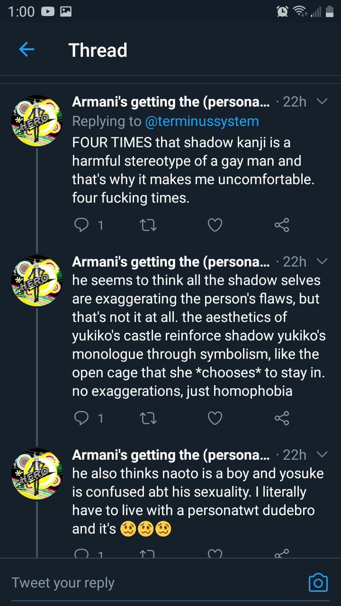 These next three screenshots put on full display her clear, undeserved hatred of me. We got into an argument over Kanji's dungeon in P4. IRL, she never said it made her uncomfortable, only that she thought it was homophobic and that I am too, just for defending the game.