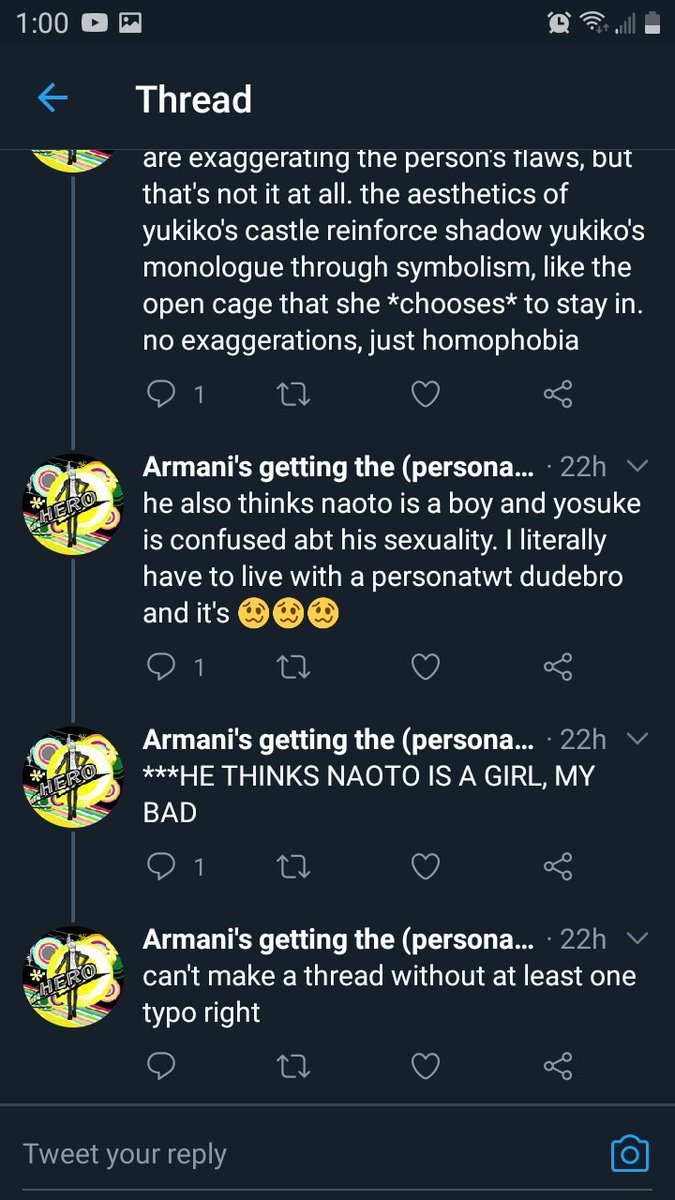 These next three screenshots put on full display her clear, undeserved hatred of me. We got into an argument over Kanji's dungeon in P4. IRL, she never said it made her uncomfortable, only that she thought it was homophobic and that I am too, just for defending the game.