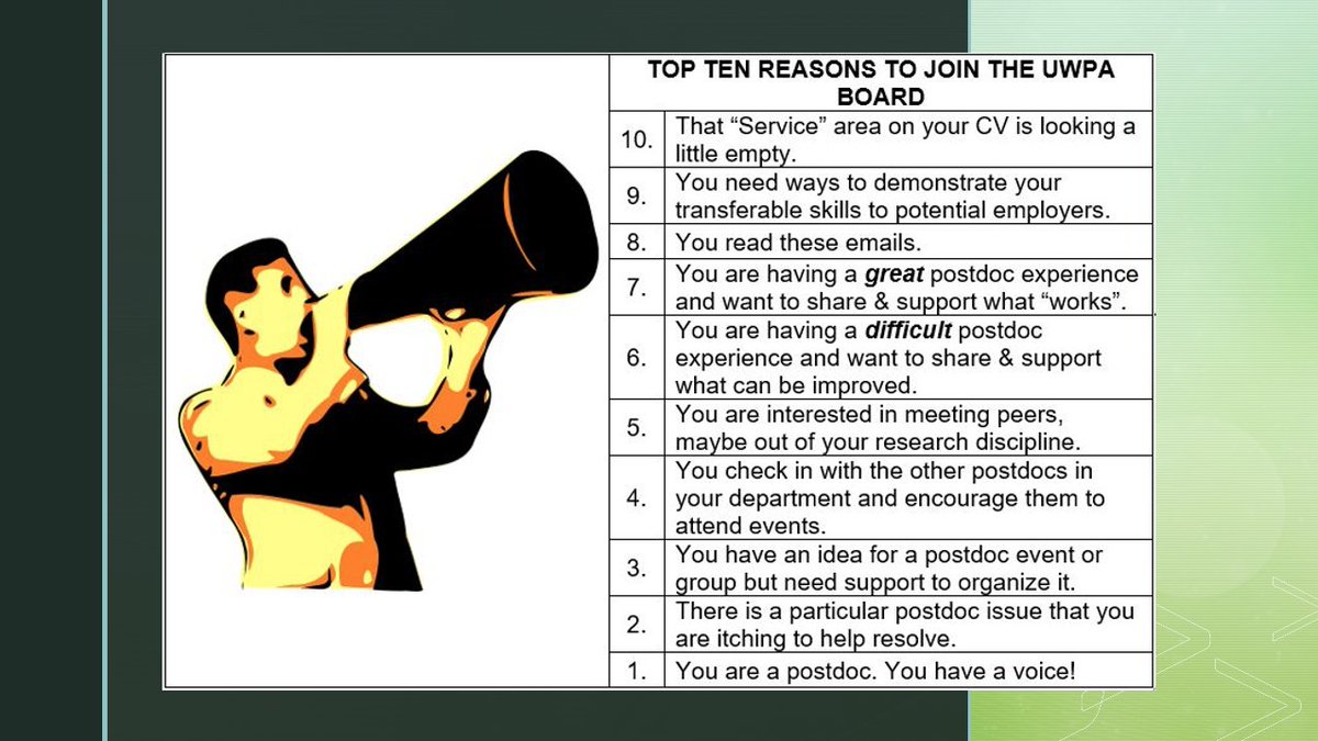 📢 📢 📢 UW Postdocs:  📢 📢 📢

Check your email for a chance to GET INVOLVED with the UW Postdoc Association. 

We'll be tweeting about the open positions this week, but in the meantime, you can check our newsletter for more info NOW! eepurl.com/hekS-b