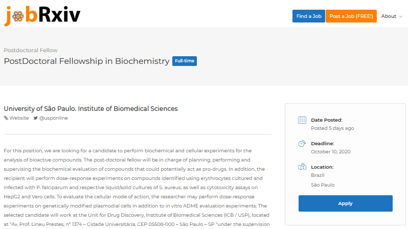 jobRxiv's tweet photo. #ScienceJobs:

PostDoctoral Fellowship in Biochemistry

University of São Paulo (@usponline), Institute of Biomedical Sciences, Brazil

https://t.co/CgEXktFJHy

#PostDoc #ScienceBR https://t.co/8xIVK8cSPu