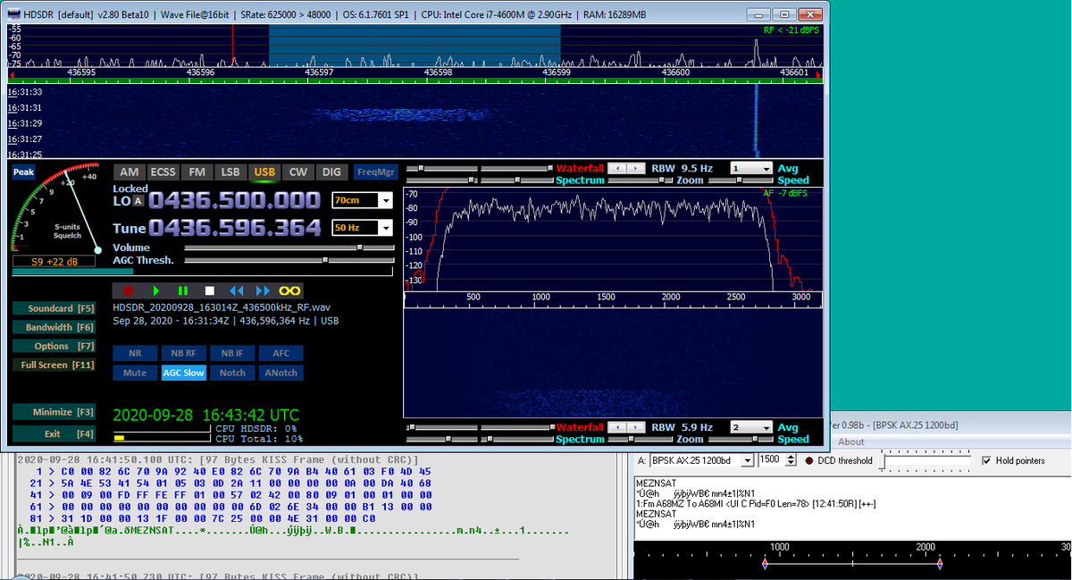 scott23192's tweet photo. Surprise! Wasn't expecting anything from today's Soyuz-2-1b deployments until next orbit. Accidentally caught my first decode (1k2 BPSK) from @uaespaceagency MEZNSAT on I/Q replay - actual RX time = 1631utc. Congrats to the team! https://t.co/5TyASbNWYp