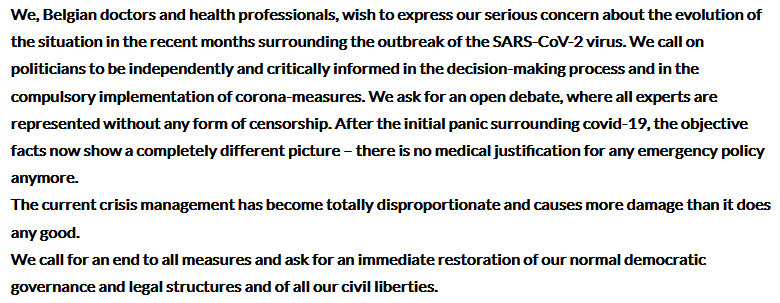 RealitySignal's tweet photo. @JuliaHB1 See the open letter from Belgian medical doctors and health professionals. https://t.co/c03BRET3mw

And see the book "Corona, False Alarm?" by German doctors Karina Reiss Ph.D. and Sucharit Bhakdi MD https://t.co/yO00tpWpbw https://t.co/0FDAUNeuC9