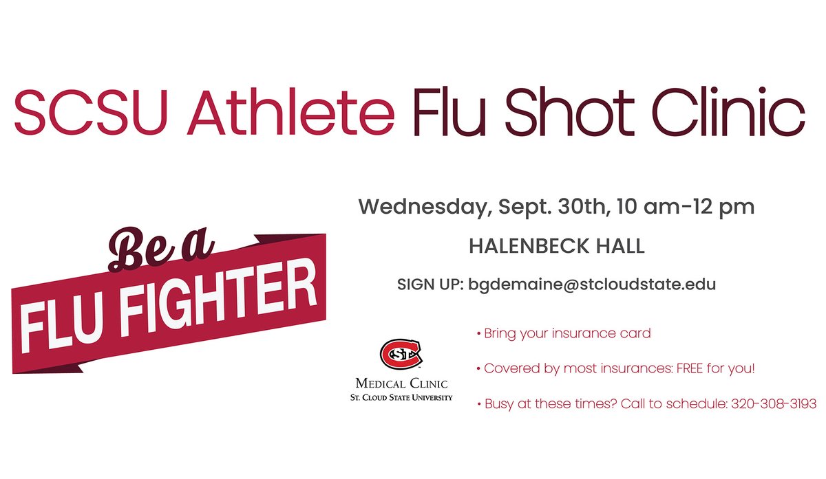 SCSUHuskies_VB's tweet photo. A REMINDER to alll @SCSUhuskies_vb student-athletes! Get your flu shot on Sept. 30 from 10 am-Noon in Halenbeck Hall
Call 320-308-3193 or email bgdemaine@stcloudstate.edu for more info
#BeAFluFighter https://t.co/ls4O7Hij7W