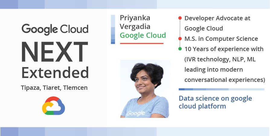 🔔Session 4"Data Science on Google Cloud Platform" by our guest <a href="/pvergadia/">Priyanka Vergadia</a>
🔸Developer Advocate at Google Cloud.
 🔸She has been working with different tech from Contact centers, IVR tech to NLP, ML.
🔸Over the years she has helped multiple brands build&amp; deploy Cloud AI solution.