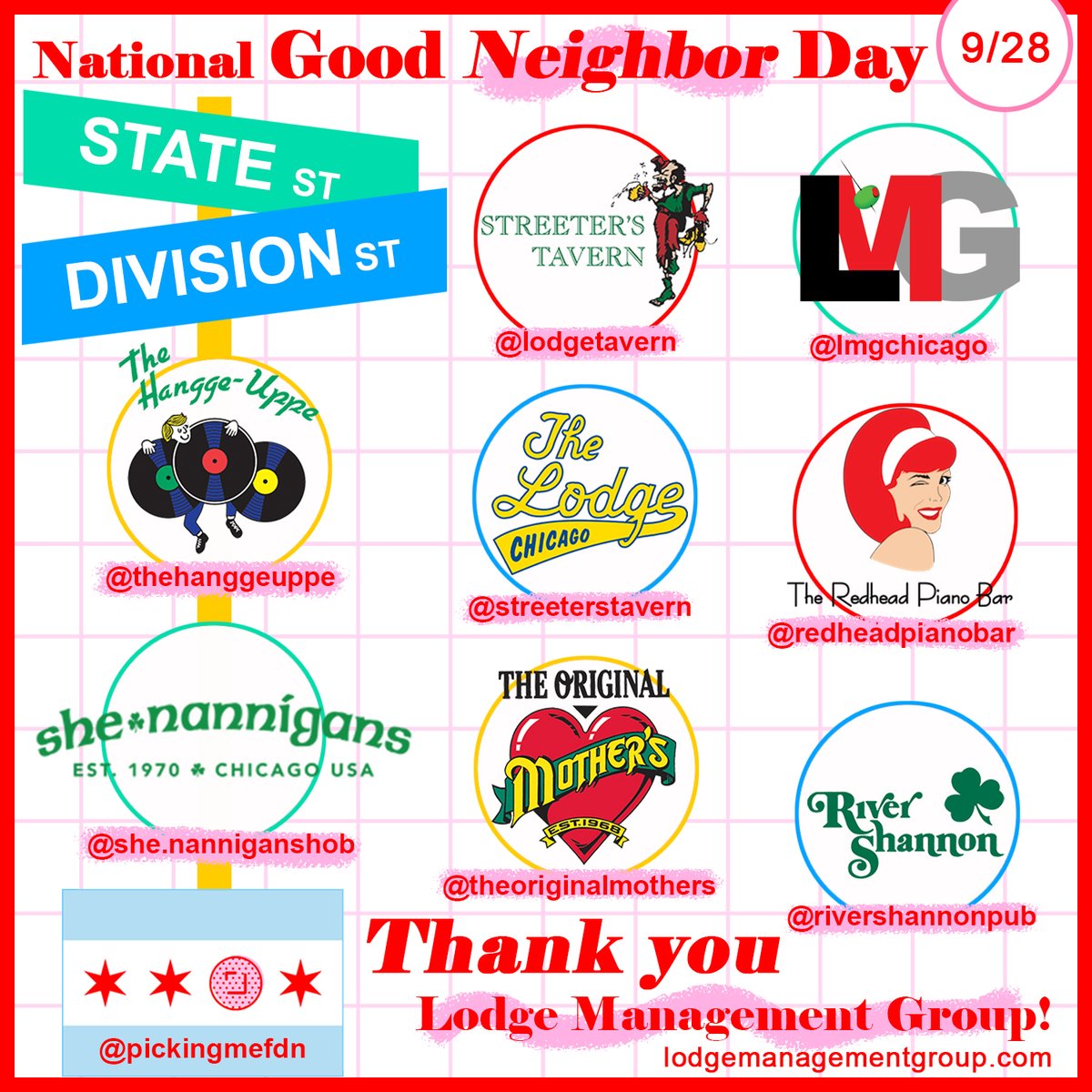It's #NationalGoodNeighborDay & we're giving thanks to our neighbors @LmgChicago for their expertise in entertainment & love for mixing hospitality & philanthropy. #GoodNeighborDay @LodgeTavern @TheHanggeUppe @StreetersTavern @RedheadPianoBar @ShenannigansHOB @RiverShannonPub