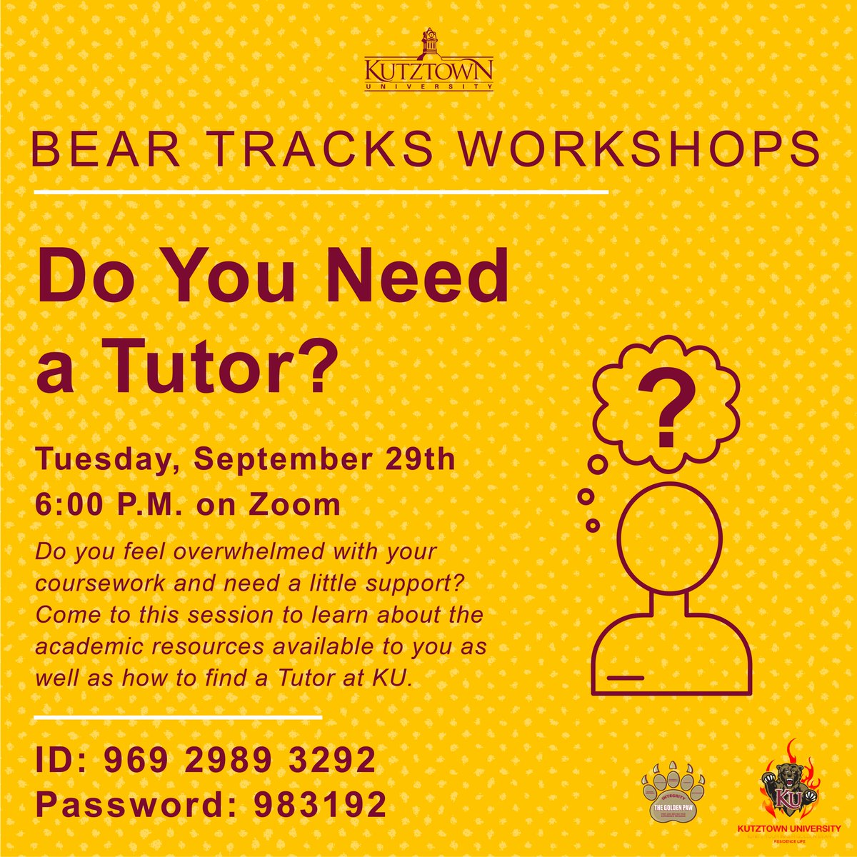 KUDeanStudents's tweet photo. 😬Do you feel overwhelmed with coursework &amp; not sure what to do or where to turn for help?😳Attend the Bear Tracks Workshop tomorrow evening &amp; learn about the academic resources available to you as well as how to find a tutor! 🐻💛  🎯
#beartracks #academicresources #findatutor https://t.co/C7slrBP5q3