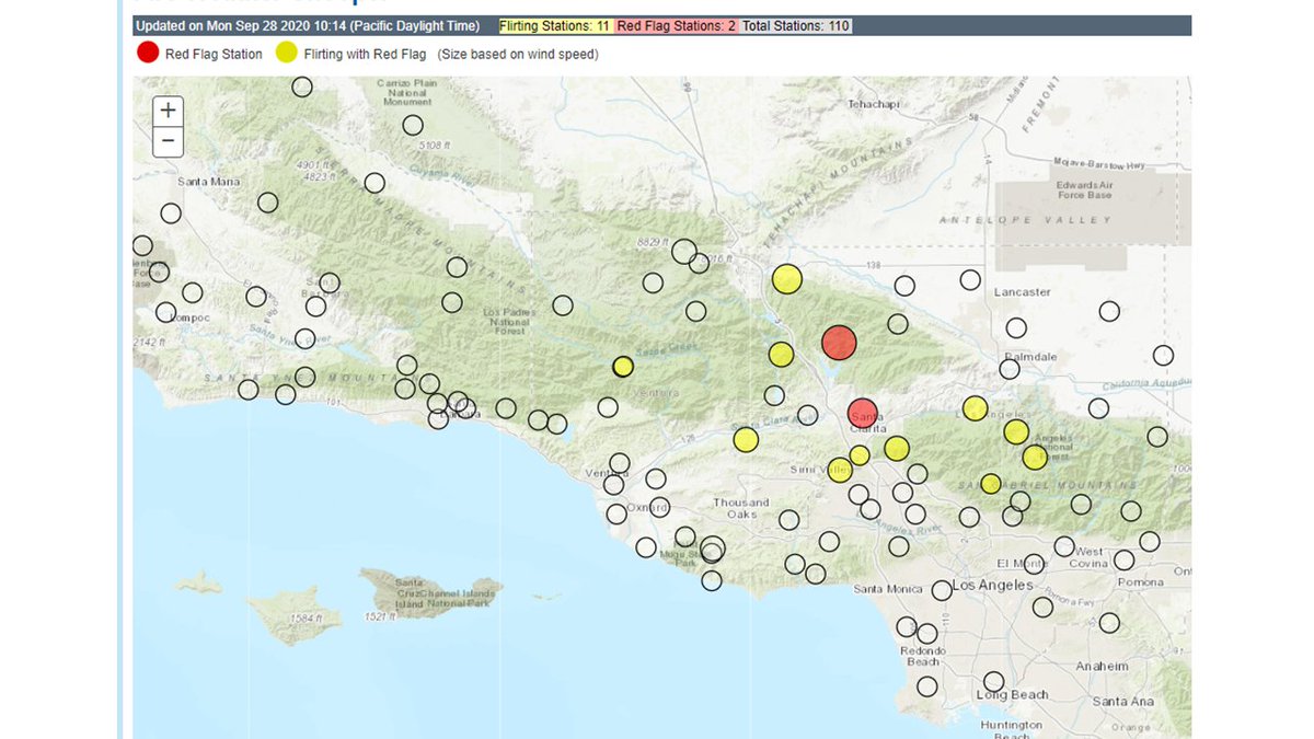 NWSLosAngeles's tweet photo. The stations in red are experiencing red flag conditions (low humidity, high wind) and those in yellow are close.  Winds still strengthening and spreading to Ventura Co mountains. #CAwx https://t.co/cP8mC1sMhP