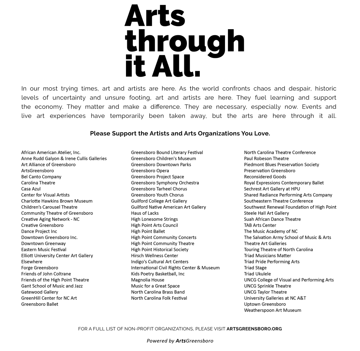 TheACGG's tweet photo. In our most trying times, art and artists are here. Events and 
live art experiences have temporarily been taken away, but the arts are here through it all. #artsGSO
Please support the artists and arts orgs you Love at https://t.co/QN9vbgAQQl https://t.co/KjYvbBlK2g