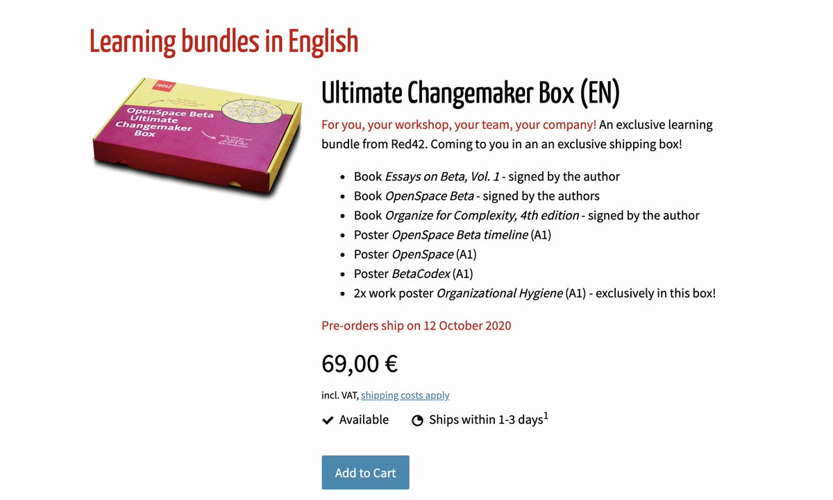 NielsPflaeging's tweet photo. We are launching the first @RedForty2 learning box!
The "Ultimate Changemaker Box" contains three books and five posters for just EUR 69,00.
Check it out!
https://t.co/B2ovYq48aR #betacodex #ultimatechangemaker #openspacebeta #betatransformation #agiletransformation #orgdev https://t.co/mQD3wQMAX6