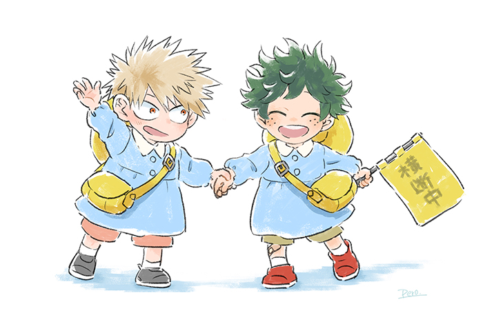 bakugou katsuki ,midoriya izuku yellow bag kindergarten uniform freckles multiple boys 2boys male focus green hair  illustration images