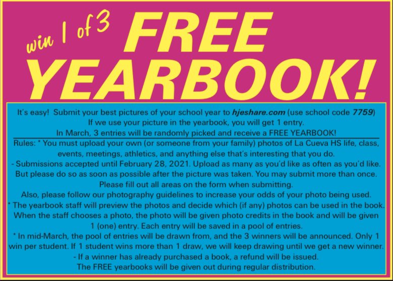 Hey guys!!! We’re having a giveaway for some free yearbooks! Read the flier below and submit photos to us through: sites.google.com/site/lacuevaye…