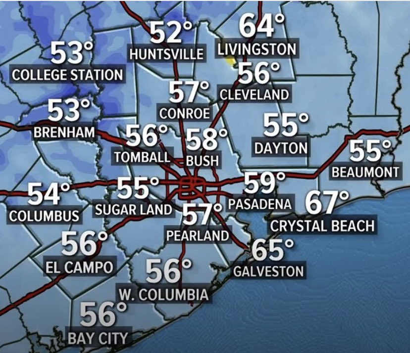TheTiffanyCraig's tweet photo. It’s sweater and boot weather for a couple of hours tomorrow! This is the 7am forecast #khou11 #khouweather https://t.co/GHR0SQGdWC