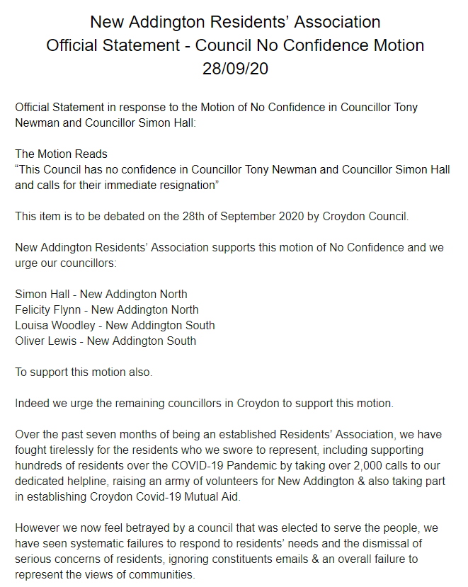 OURNARA's tweet photo. Tonight @yourcroydon
 debates a motion of No Confidence in @CllrTony.

We must take action to protect Croydon &amp; to help rebuild our Borough.

New Addington Residents' Association Supports this motion.

Please see statement attached.

@cllrjperry
 #croydonincrisis #CroydonLive https://t.co/WHJEmwXEct