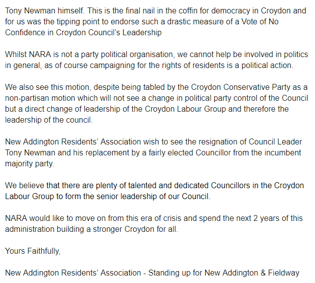 OURNARA's tweet photo. Tonight @yourcroydon
 debates a motion of No Confidence in @CllrTony.

We must take action to protect Croydon &amp; to help rebuild our Borough.

New Addington Residents' Association Supports this motion.

Please see statement attached.

@cllrjperry
 #croydonincrisis #CroydonLive https://t.co/WHJEmwXEct