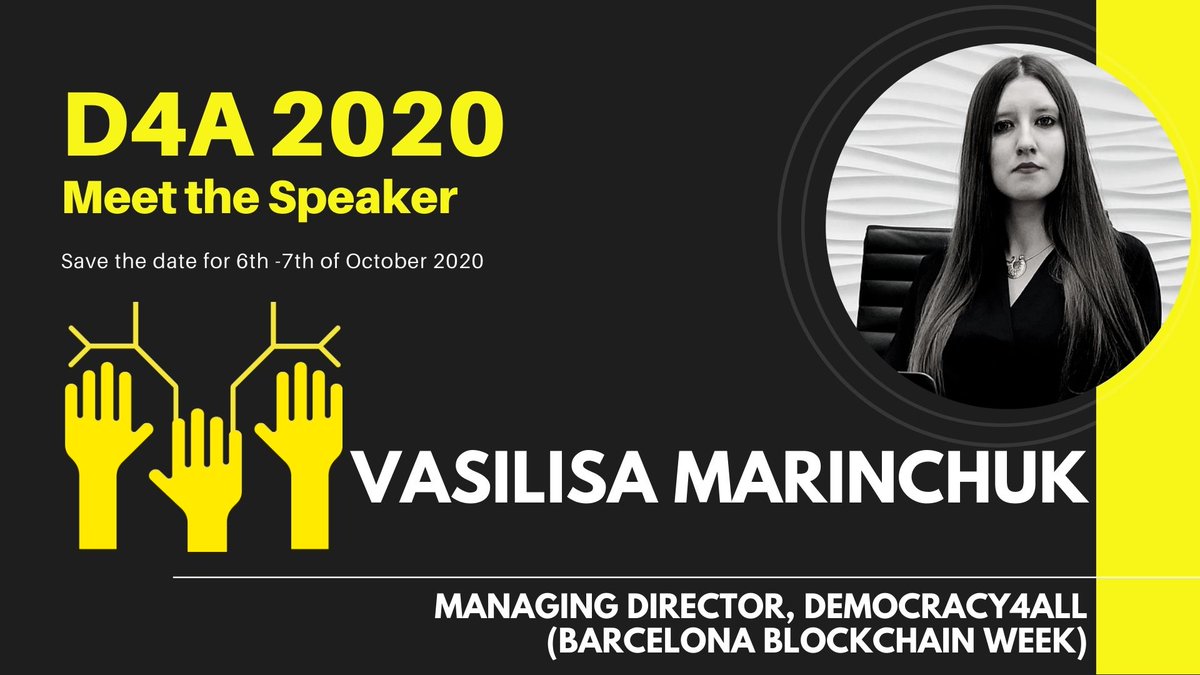 We are most happy to announce our Managing Director Vasilisa Marinchuk as D4A next speaker!
She is a founding member and part of the executive team of Centre Blockchain de Catalunya. 
#blockchaintechnology #d4a2020 #conference2020 #diversityandinclusion #fintech #leadership #tech