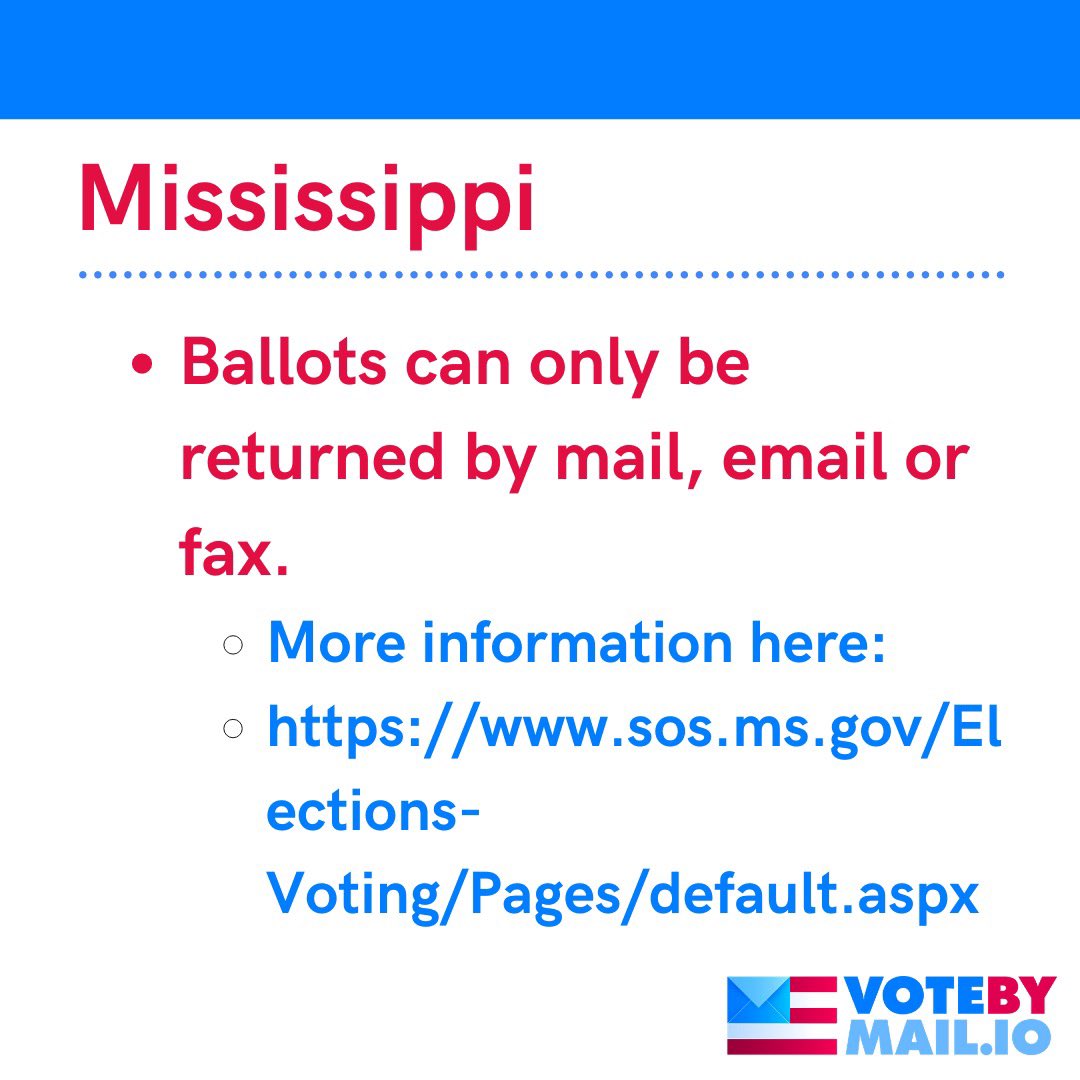 Votebymailio's tweet photo. How to return your absentee ballot if you live in Mississippi, Missouri, Montana or Nebraska #VoteByMail https://t.co/xFa9pqlF9B