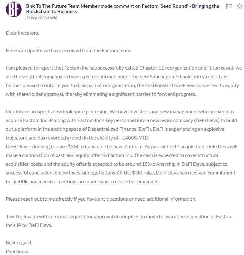 Crypto_Krill's tweet image. Factom has exited Chapter 11 "reorganisation". New investors &amp;amp; management keen to acquire #Factom IP &amp;amp; personnel into a new Swiss company called #DeFiDevs.
$FCT total supply 9,400,000. Market Cap: US$13 million. #DeFi $UNI